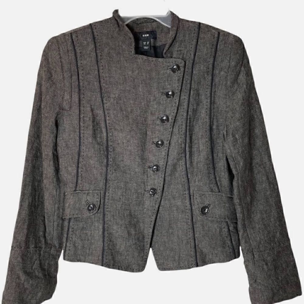 H&M Grey Fully Lined Linen Jacket with black piping and front pockets sz16